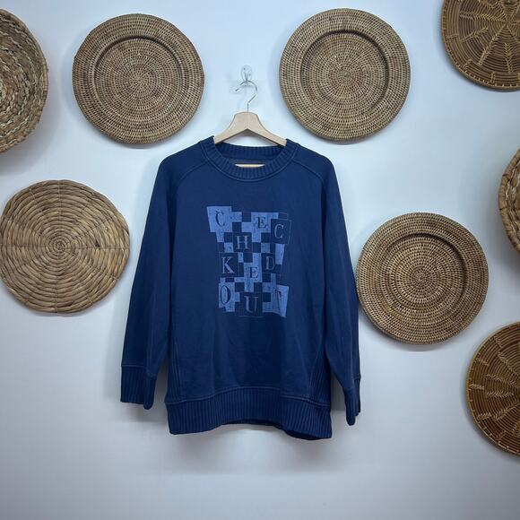 Aerie Blue Checked Out Graphic Oversized Knit Crew Neck Sweatshirt XS - Picture 1 of 5